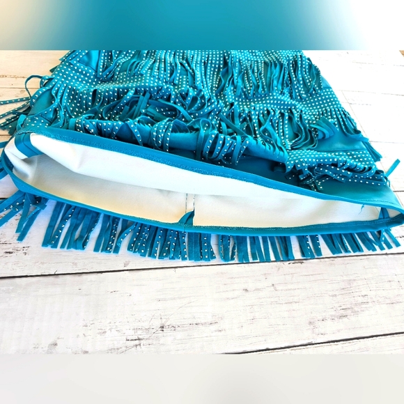 Sincerely Jules Turquoise Blue Faux Leather Studded Suede Fringe Western Skirt - Picture 6 of 10